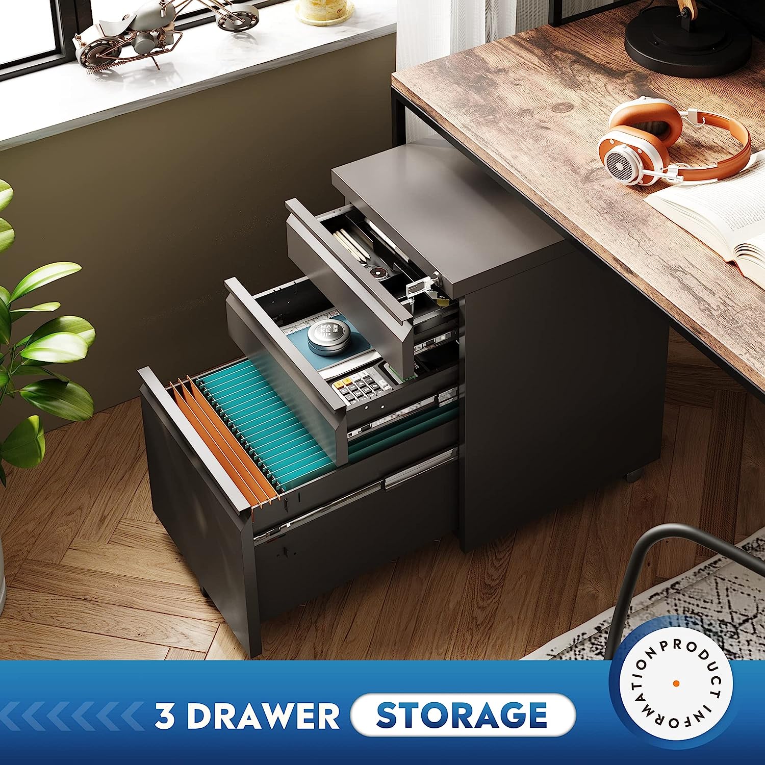 DEVAISE 3 Drawer Mobile File Cabinet with Lock, Under Desk Metal Filing Cabinet for Legal/Letter/A4 File, Fully Assembled Except Wheels, Black - Image 4